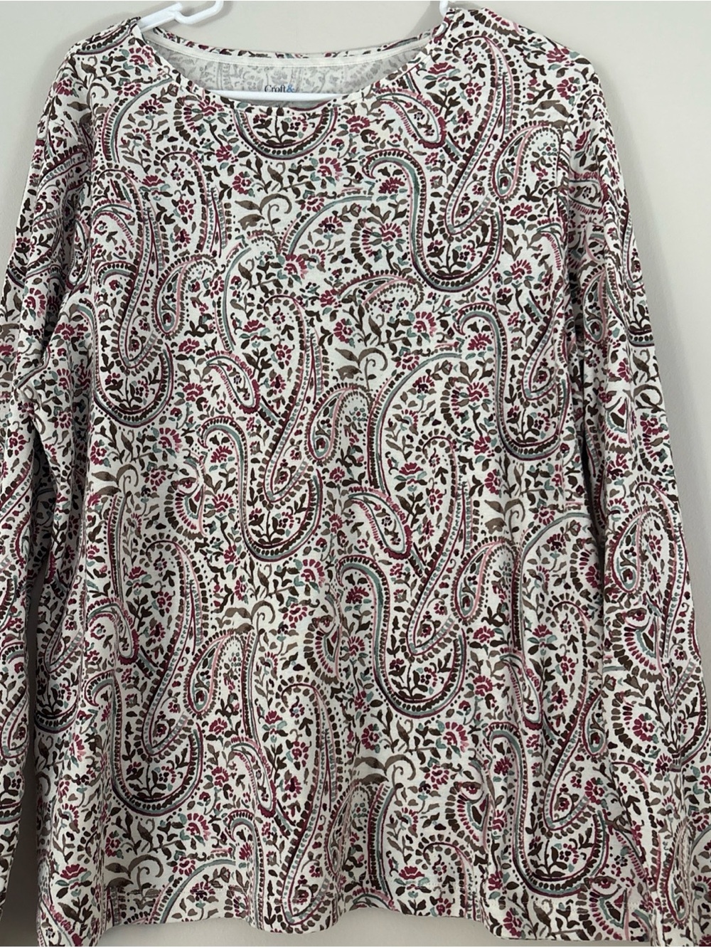 croft & barrow White Paisley Long-Sleeve Tee with Burgundy and Brown